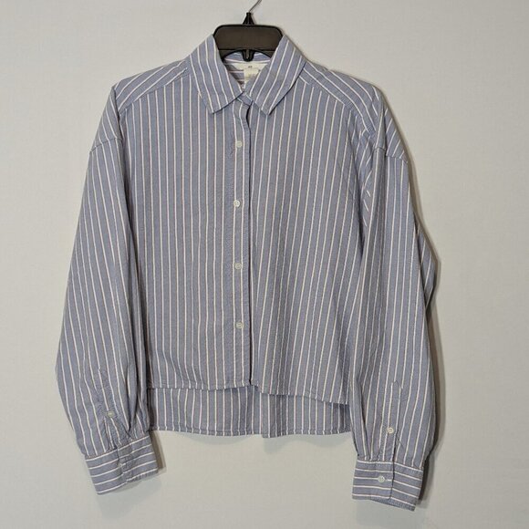 H&M; Short Crop Blue Stripe Long Sleeved Oversized Button Oxford Shirt; Size XS - Picture 1 of 6